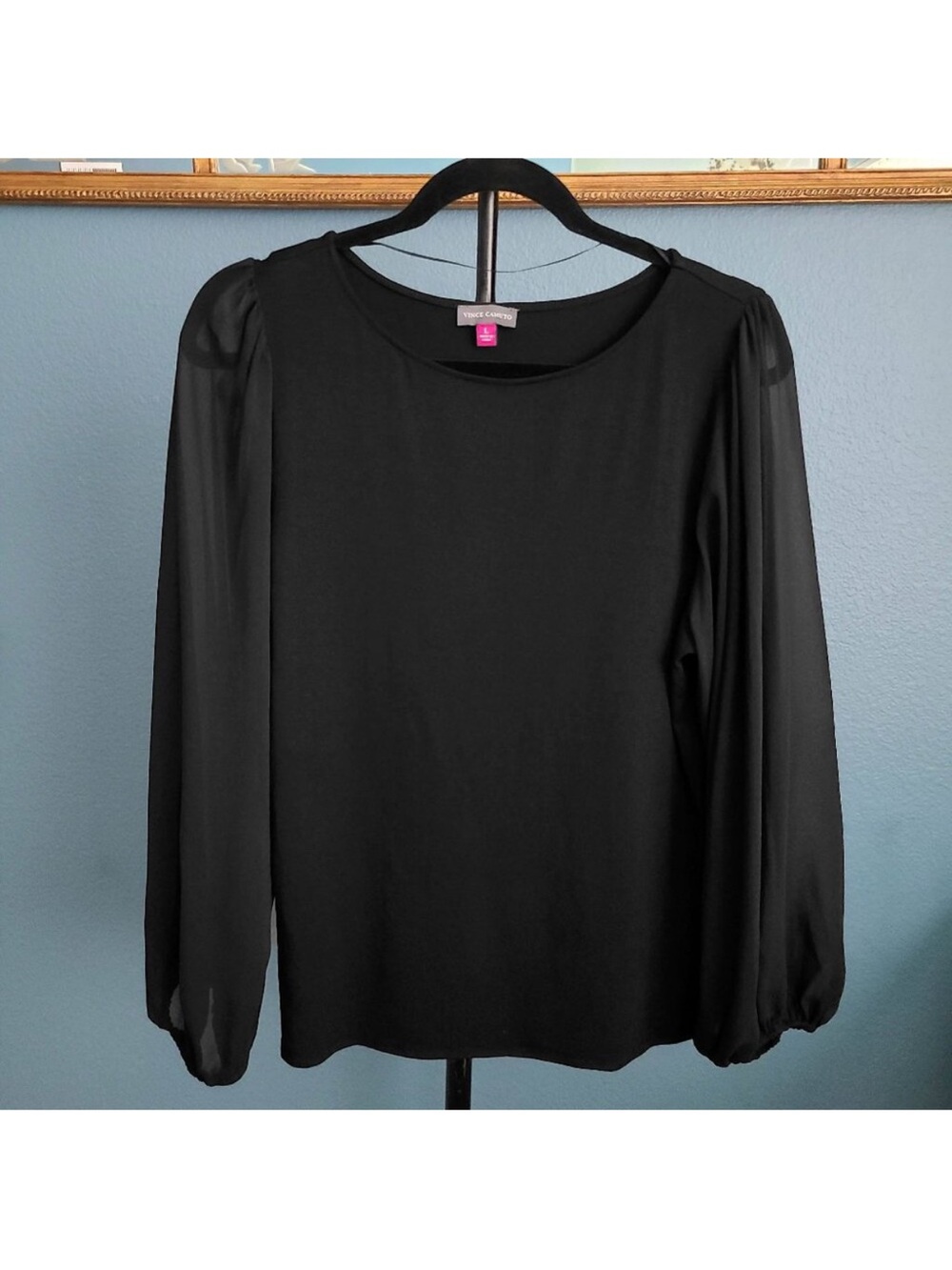 Vince Camuto Black Sheer-Sleeve Blouse